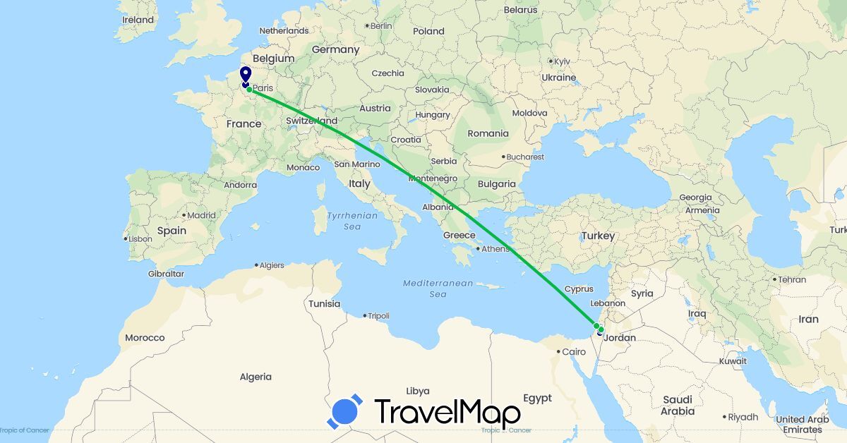 TravelMap itinerary: driving, bus, plane in France, Israel, Palestinian Territories (Asia, Europe)